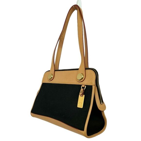 Vintage Dooney & Bourke Black Canvas & Naked Tan Leather East West Carpet Bag - Picture 2 of 15